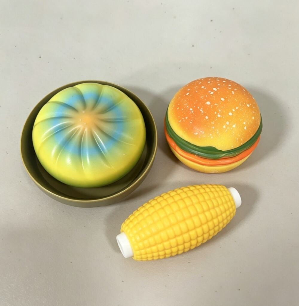 Food Shape Squishy Toy Set: Bao Bun with Steamer Box + Hamburger + Corn
